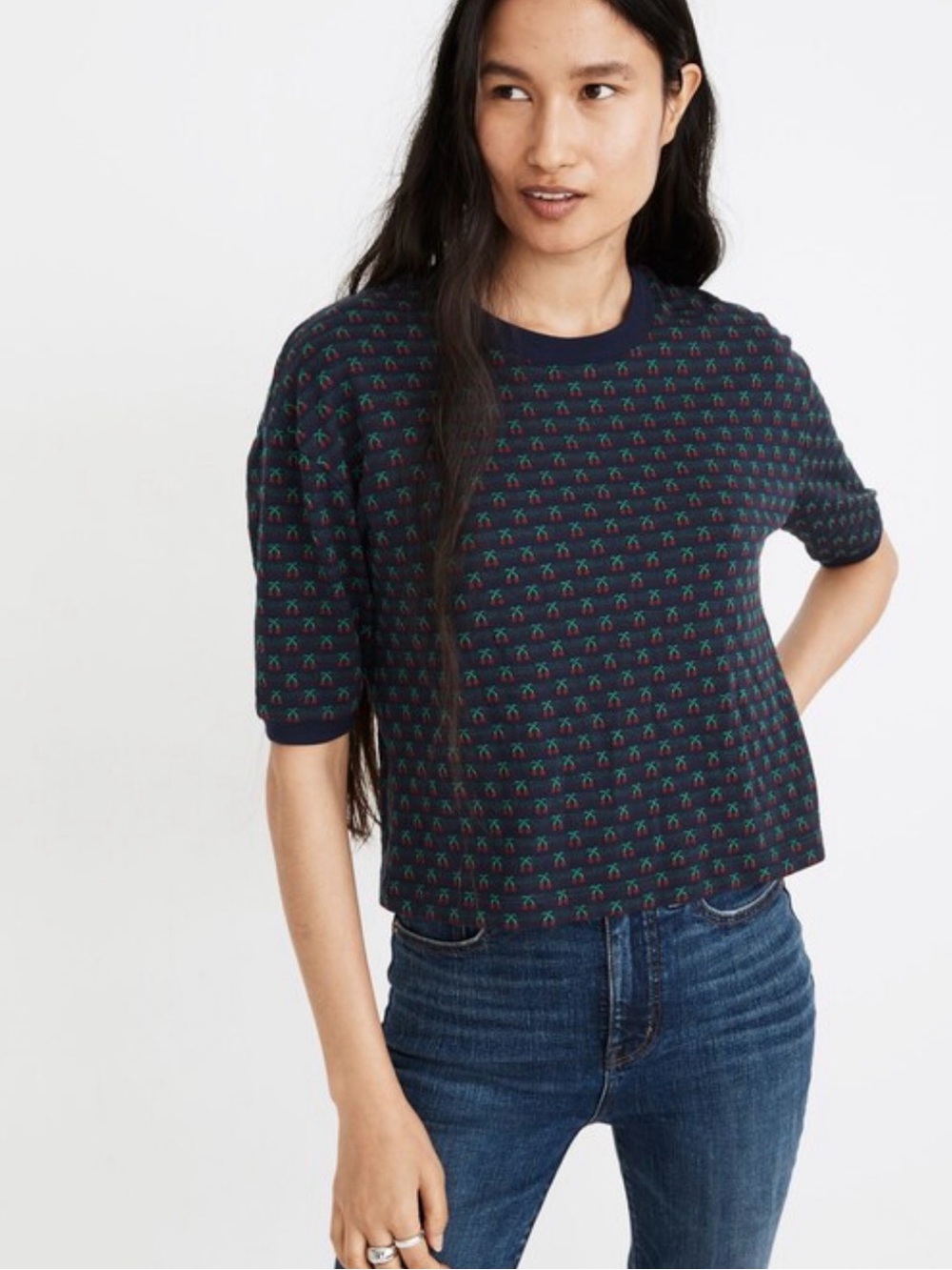 Madewell Womens Cherry Jacquard Knit Top Navy Red Cherries XL